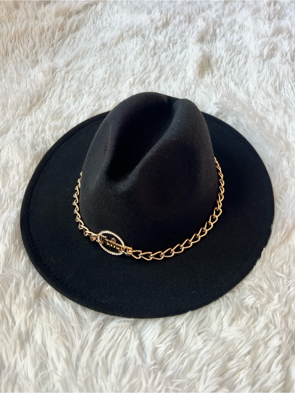 Juicy Couture Black Felt Fedora with Gold Chain Accent